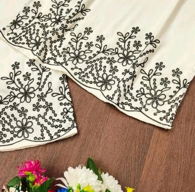 Women's Floral Embroidered Kurta Set with Pants, Maroon, 3/4 Sleeve - XL, White