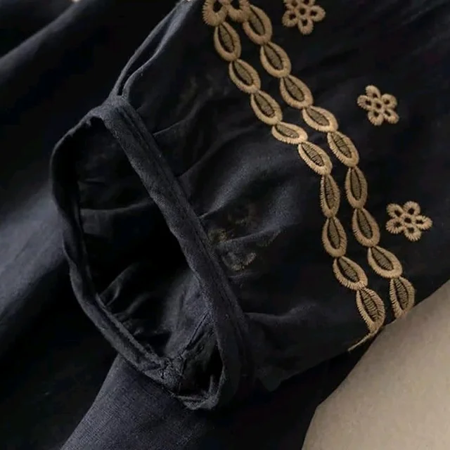 Women's Casual Solid Color Embroidered Cotton and Linen Tops Shirts T Shirts Long Sleeve Blouse Summer Short Sleeve
- L, Black