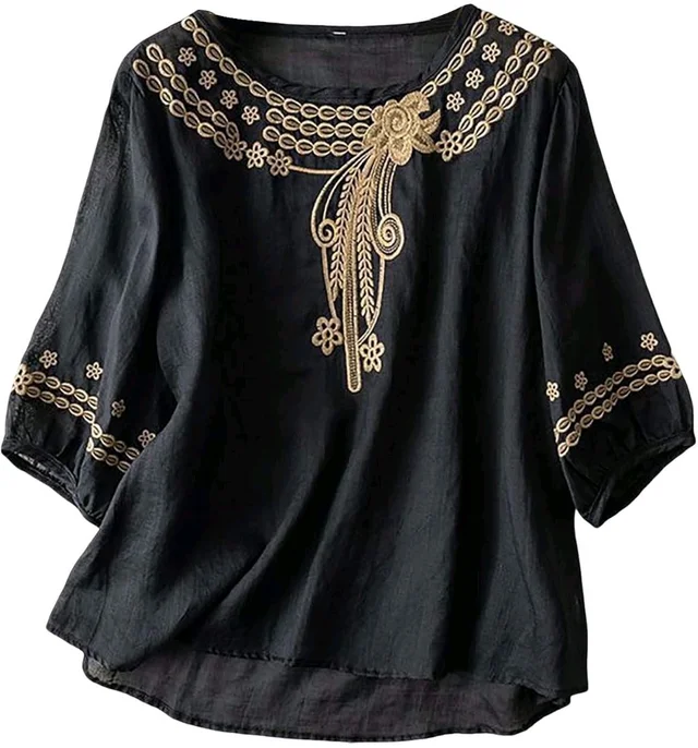 Women's Casual Solid Color Embroidered Cotton and Linen Tops Shirts T Shirts Long Sleeve Blouse Summer Short Sleeve
- S, Black