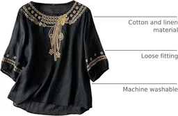Women's Casual Solid Color Embroidered Cotton and Linen Tops Shirts T Shirts Long Sleeve Blouse Summer Short Sleeve
- S, Black