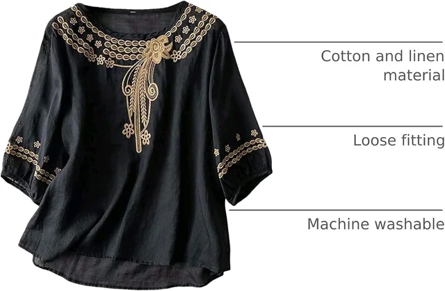 Women's Casual Solid Color Embroidered Cotton and Linen Tops Shirts T Shirts Long Sleeve Blouse Summer Short Sleeve
- S, Black