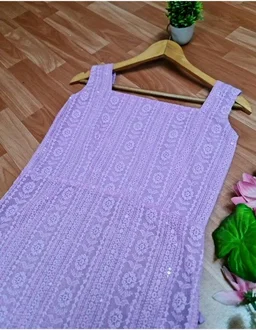ParrotCreation Women Chikan Embroidery Georgette Flared Kurta (Purple) - L, levender