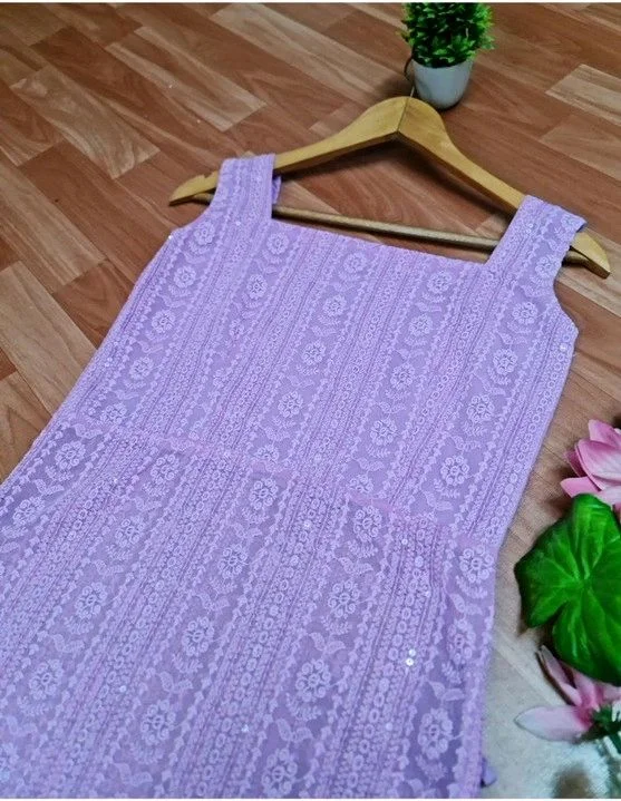ParrotCreation Women Chikan Embroidery Georgette Flared Kurta (Purple) - L, levender
