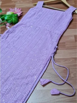 ParrotCreation Women Chikan Embroidery Georgette Flared Kurta (Purple) - L, levender