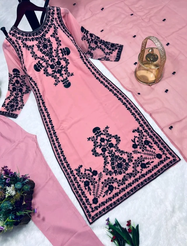 Marvelous White Color Thread Work Salwar Suit - L, pink Daisy
