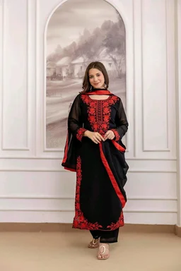 Black Georgette Embroidered Kurti Set with Pant and Dupatta, Red Floral Embroidery Work, 48 Inch Length, S-XXL
- L, Black