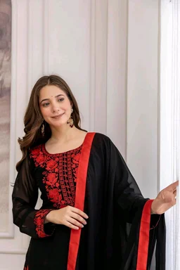 Black Georgette Embroidered Kurti Set with Pant and Dupatta, Red Floral Embroidery Work, 48 Inch Length, S-XXL
- L, Black