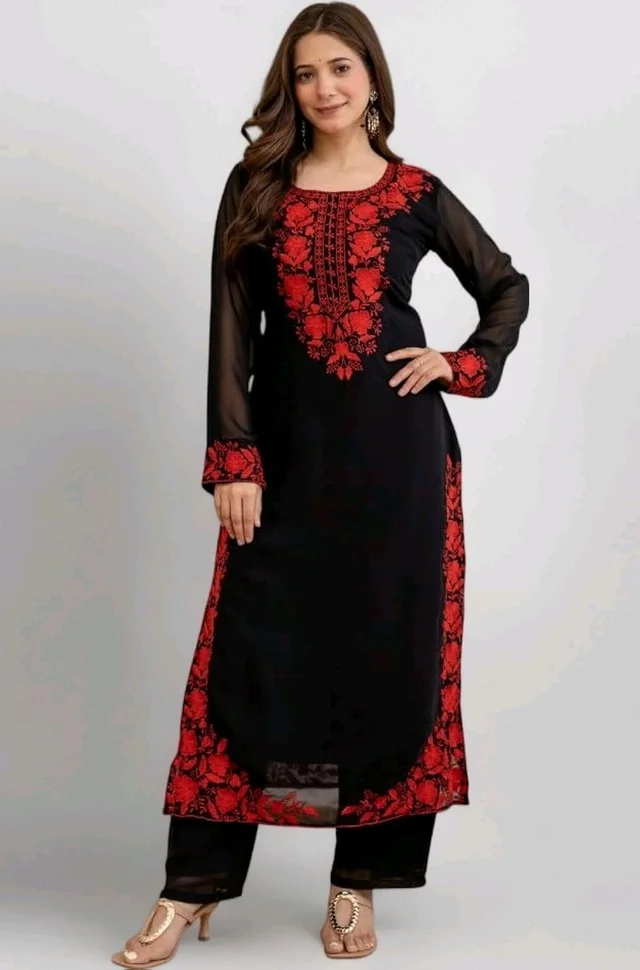 Black Georgette Embroidered Kurti Set with Pant and Dupatta, Red Floral Embroidery Work, 48 Inch Length, S-XXL
- M, Black