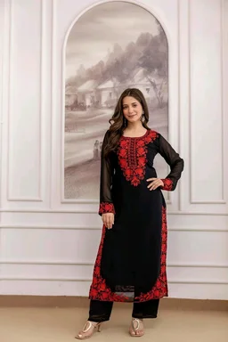 Black Georgette Embroidered Kurti Set with Pant and Dupatta, Red Floral Embroidery Work, 48 Inch Length, S-XXL
- S, Black