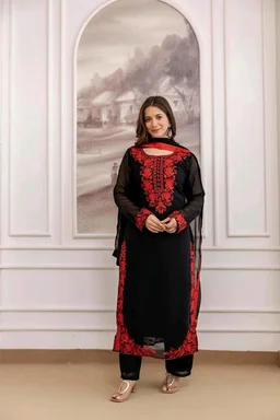 Black Georgette Embroidered Kurti Set with Pant and Dupatta, Red Floral Embroidery Work, 48 Inch Length, S-XXL
- S, Black