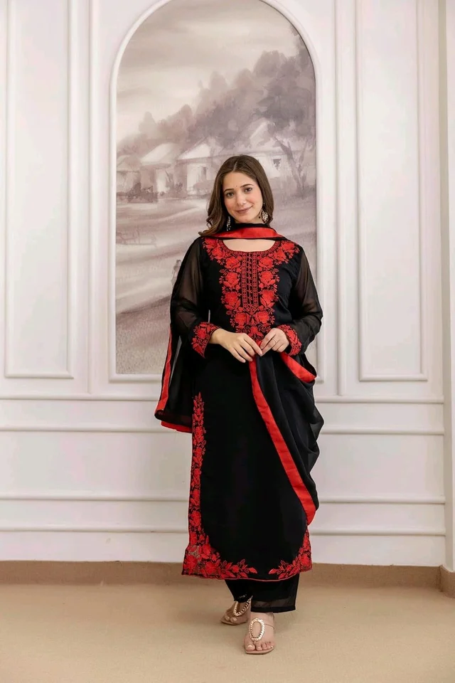 Black Georgette Embroidered Kurti Set with Pant and Dupatta, Red Floral Embroidery Work, 48 Inch Length, S-XXL
- XL, Black