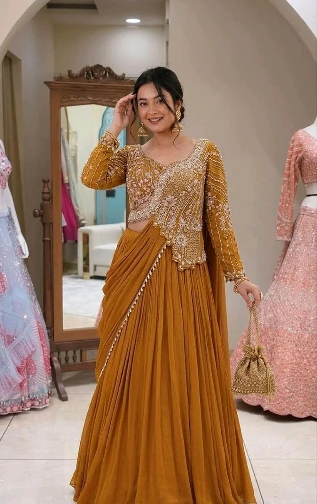 Lehenga Choli Indo-Western Draped Set For Womens And Girls Ready To Wear Hevay Rangoli Silk Fabric With Work Multi Thread Embroidery Sequence Work
- Free Size, Mustard