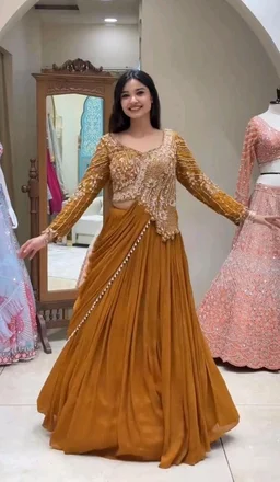 Lehenga Choli Indo-Western Draped Set For Womens And Girls Ready To Wear Hevay Rangoli Silk Fabric With Work Multi Thread Embroidery Sequence Work
- Free Size, Mustard