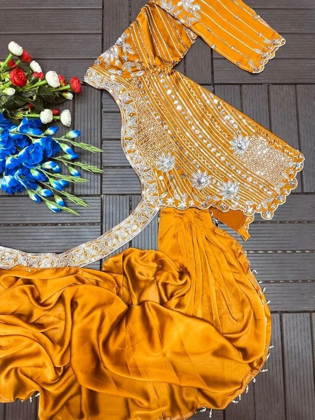 Lehenga Choli Indo-Western Draped Set For Womens And Girls Ready To Wear Hevay Rangoli Silk Fabric With Work Multi Thread Embroidery Sequence Work
- Free Size, Mustard