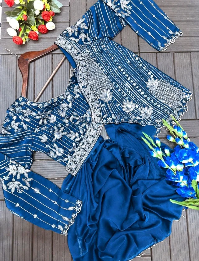 Lehenga Choli Indo-Western Draped Set For Womens And Girls Ready To Wear Hevay Rangoli Silk Fabric With Work Multi Thread Embroidery Sequence Work
- Free Size, Rama Blue