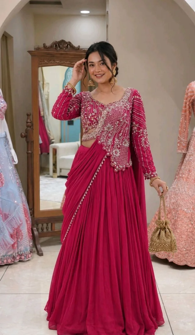 Lehenga Choli Indo-Western Draped Set For Womens And Girls Ready To Wear Hevay Rangoli Silk Fabric With Work Multi Thread Embroidery Sequence Work
- Free Size, Pink