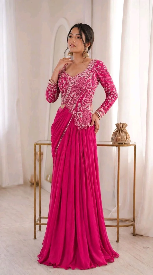 Lehenga Choli Indo-Western Draped Set For Womens And Girls Ready To Wear Hevay Rangoli Silk Fabric With Work Multi Thread Embroidery Sequence Work
- Free Size, Pink