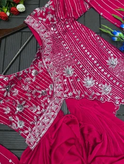 Lehenga Choli Indo-Western Draped Set For Womens And Girls Ready To Wear Hevay Rangoli Silk Fabric With Work Multi Thread Embroidery Sequence Work
- Free Size, Pink
