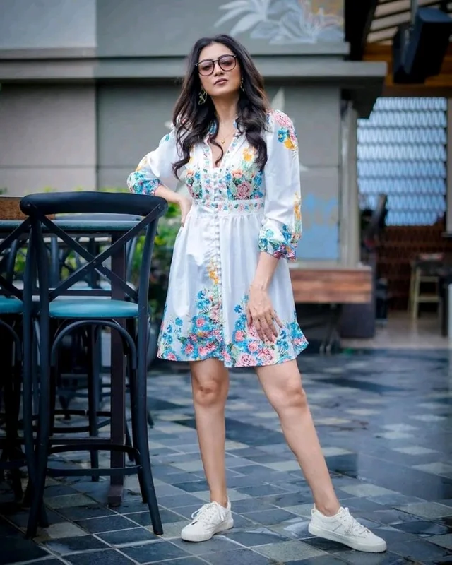 Western Dress for Women| Floral Printed Full Sleeve Rayon Blend Western Dress for Women | Round Neck A-Line Dress for Women(White Pack of 1) - S, White