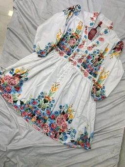 Western Dress for Women| Floral Printed Full Sleeve Rayon Blend Western Dress for Women | Round Neck A-Line Dress for Women(White Pack of 1) - S, White