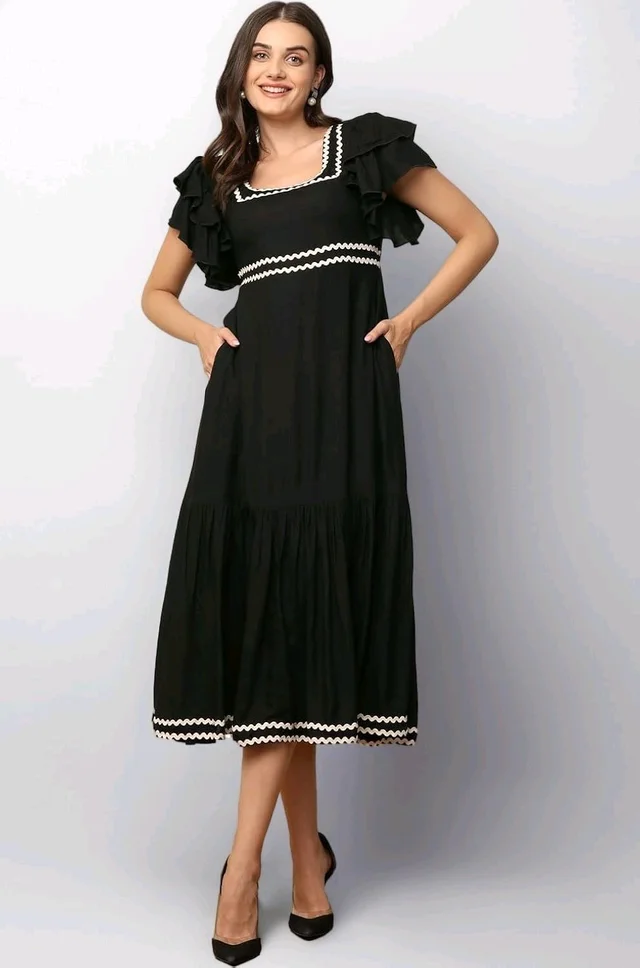 Women's Solid Rayon Fit and Flare Midi Dress for Woman Festive Fancy|Casual Trending Stylish Long One Piece Dresses Women Western (Black)
- L, Black