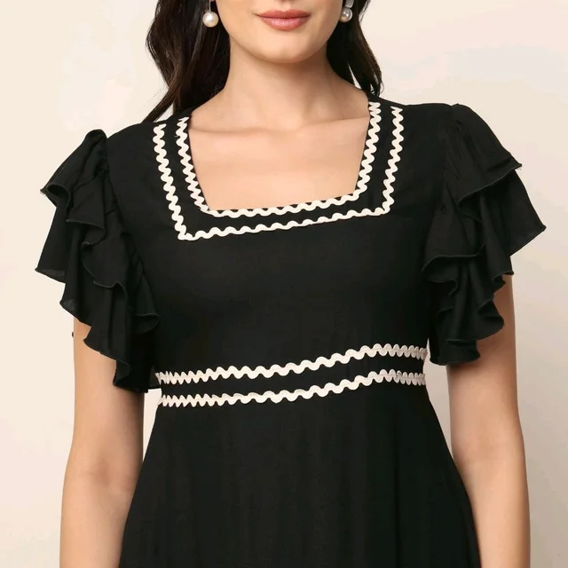 Women's Solid Rayon Fit and Flare Midi Dress for Woman Festive Fancy|Casual Trending Stylish Long One Piece Dresses Women Western (Black)
- L, Black