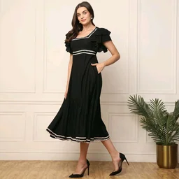 Women's Solid Rayon Fit and Flare Midi Dress for Woman Festive Fancy|Casual Trending Stylish Long One Piece Dresses Women Western (Black)
- L, Black