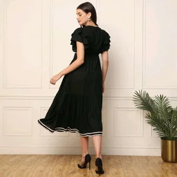 Women's Solid Rayon Fit and Flare Midi Dress for Woman Festive Fancy|Casual Trending Stylish Long One Piece Dresses Women Western (Black)
- L, Black