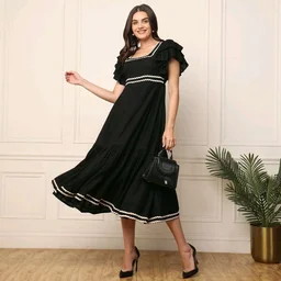 Women's Solid Rayon Fit and Flare Midi Dress for Woman Festive Fancy|Casual Trending Stylish Long One Piece Dresses Women Western (Black)
- XXL, Black