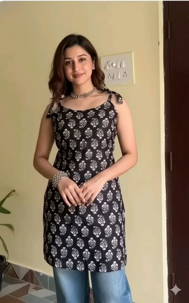 Black & White Block Print Cotton Tunic with Tie-Up Straps | Sleeveless Summer Kurti Top
- L, Black