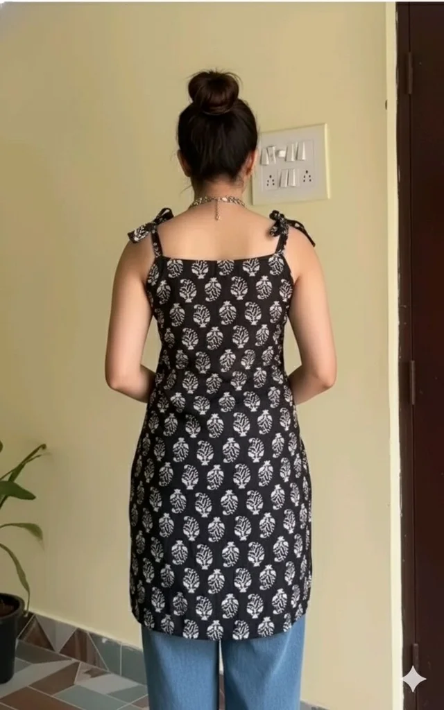 Black & White Block Print Cotton Tunic with Tie-Up Straps | Sleeveless Summer Kurti Top
- L, Black