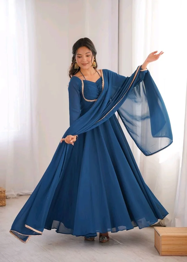 Women’s Chanderi Anarkali Suit Set with Dupatta | Elegant Festive Ethnic Outfit - M, Dark Gry Blue