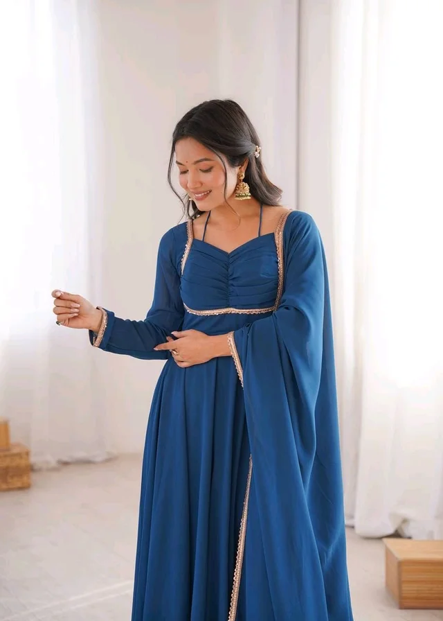 Women’s Chanderi Anarkali Suit Set with Dupatta | Elegant Festive Ethnic Outfit - M, Dark Gry Blue