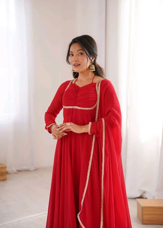 Women’s Chanderi Anarkali Suit Set with Dupatta | Elegant Festive Ethnic Outfit - M, Red