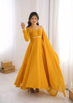 Women’s Chanderi Anarkali Suit Set with Dupatta | Elegant Festive Ethnic Outfit - M, Gold
