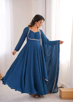 Women’s Chanderi Anarkali Suit Set with Dupatta | Elegant Festive Ethnic Outfit - L, Dark Gry Blue