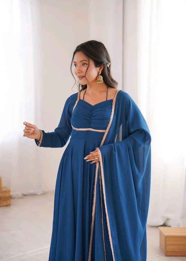 Women’s Chanderi Anarkali Suit Set with Dupatta | Elegant Festive Ethnic Outfit - L, Dark Gry Blue