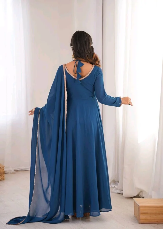 Women’s Chanderi Anarkali Suit Set with Dupatta | Elegant Festive Ethnic Outfit - L, Dark Gry Blue