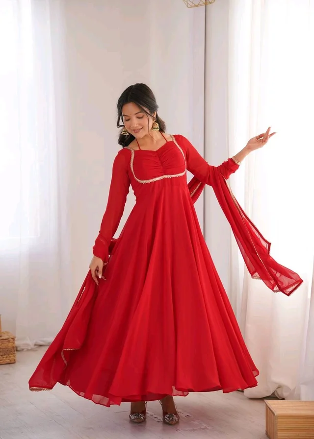 Women’s Chanderi Anarkali Suit Set with Dupatta | Elegant Festive Ethnic Outfit - L, Red