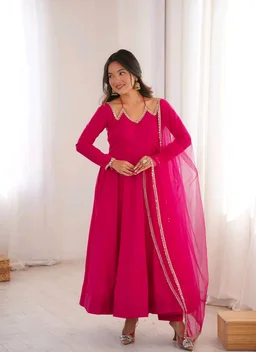 Women’s Chanderi Anarkali Suit Set with Dupatta | Elegant Festive Ethnic Outfit - L, Cerise Red