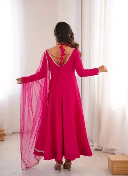 Women’s Chanderi Anarkali Suit Set with Dupatta | Elegant Festive Ethnic Outfit - L, Cerise Red