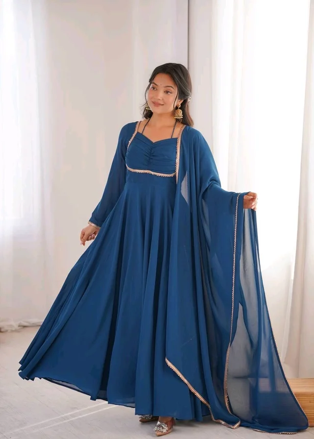 Women’s Chanderi Anarkali Suit Set with Dupatta | Elegant Festive Ethnic Outfit - S, Dark Gry Blue