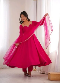 Women’s Chanderi Anarkali Suit Set with Dupatta | Elegant Festive Ethnic Outfit - S, Cerise Red