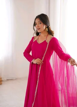 Women’s Chanderi Anarkali Suit Set with Dupatta | Elegant Festive Ethnic Outfit - S, Cerise Red