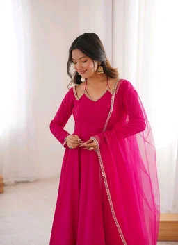 Women’s Chanderi Anarkali Suit Set with Dupatta | Elegant Festive Ethnic Outfit - S, Cerise Red