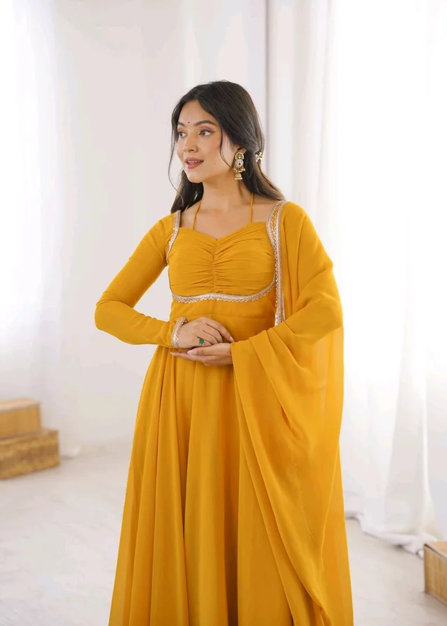 Women’s Chanderi Anarkali Suit Set with Dupatta | Elegant Festive Ethnic Outfit - XL, Gold