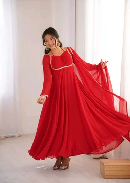 Women’s Chanderi Anarkali Suit Set with Dupatta | Elegant Festive Ethnic Outfit - XXL, Red
