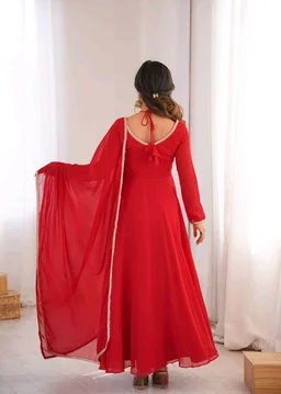 Women’s Chanderi Anarkali Suit Set with Dupatta | Elegant Festive Ethnic Outfit - XXL, Red