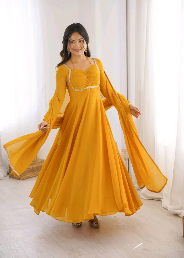 Women’s Chanderi Anarkali Suit Set with Dupatta | Elegant Festive Ethnic Outfit - XXL, Gold