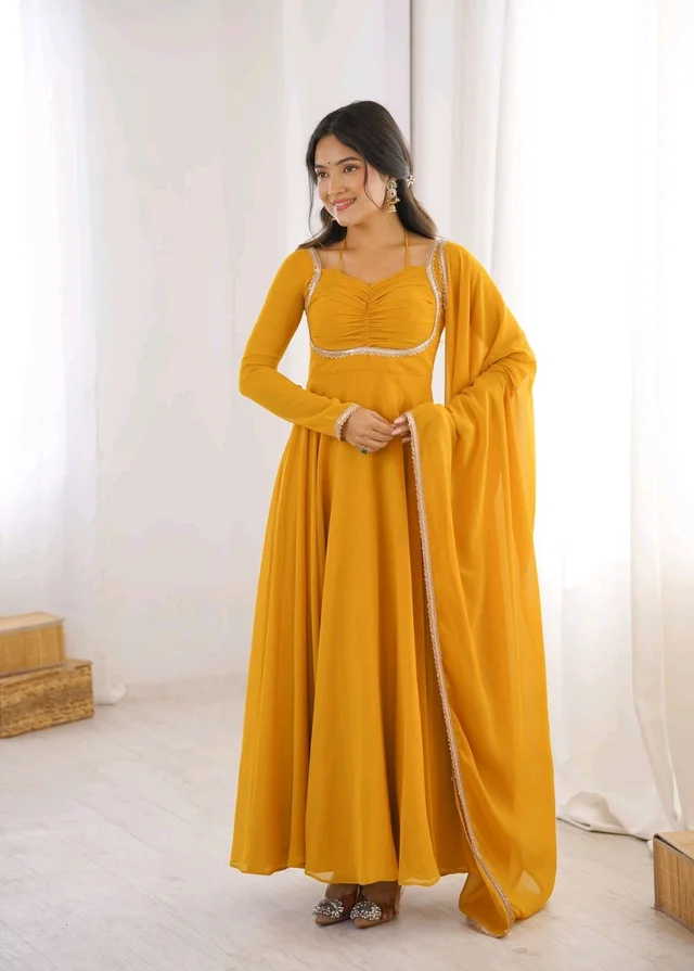 Women’s Chanderi Anarkali Suit Set with Dupatta | Elegant Festive Ethnic Outfit - XXL, Gold